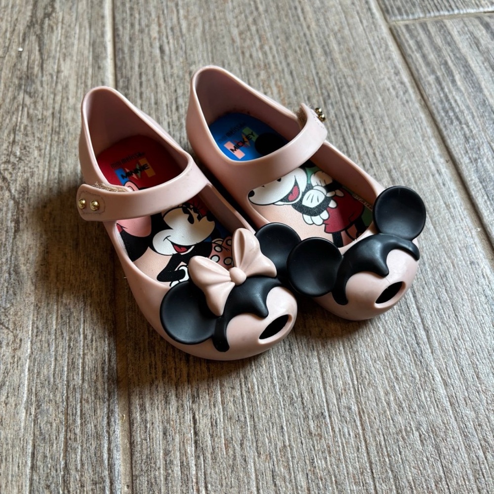 Mini Melissa Minnie & Mickey Mary Jane Rubber Shoes with Velcro Girls Size 6
